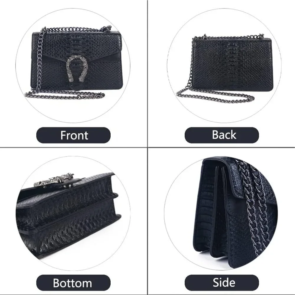 ⚡ Women's Leather Vintage Snake Print Crossbody Black Square Satchel Handbag